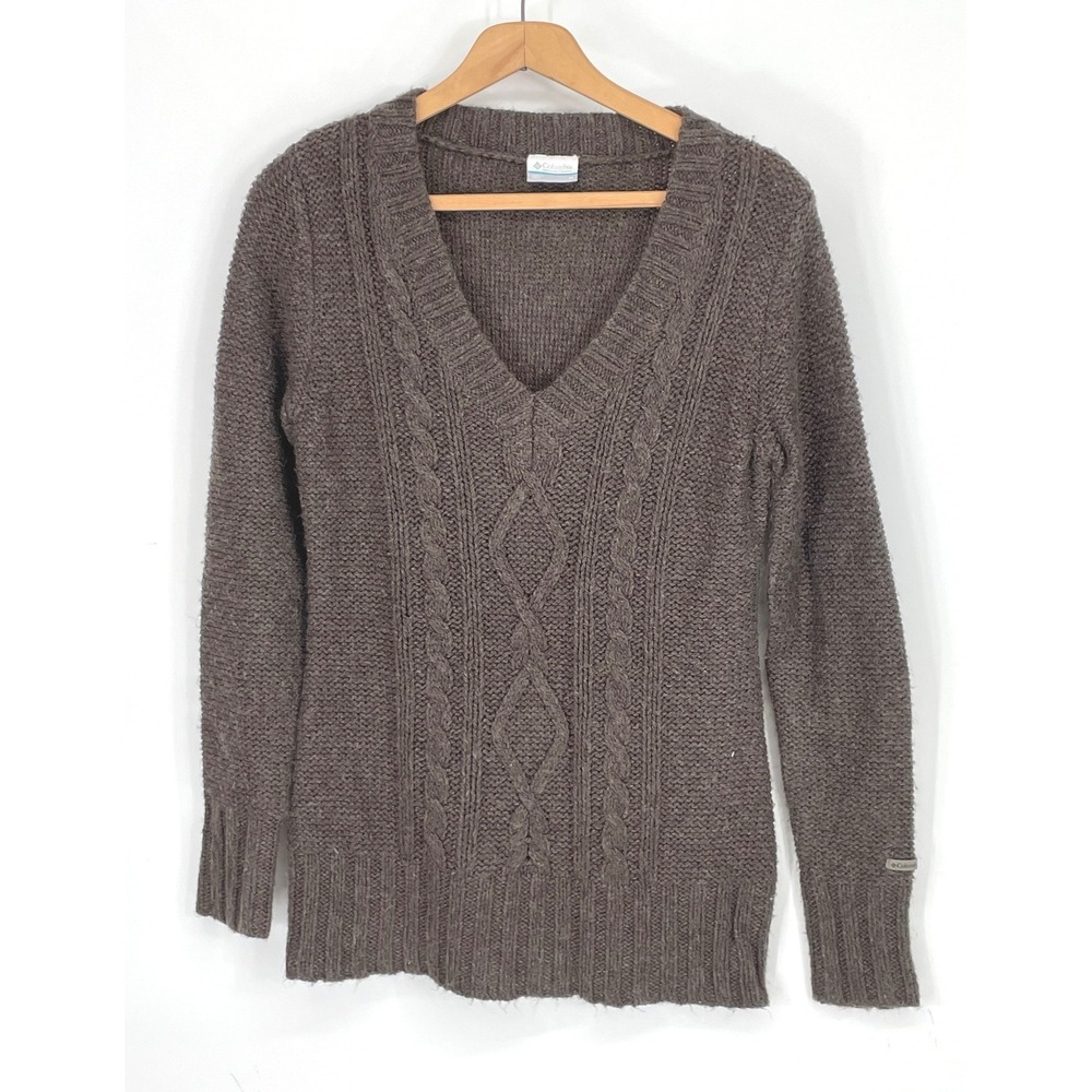 Columbia Womens Sweater M Pullover Brown Cable Knit V-Neck Outdoor Preppy